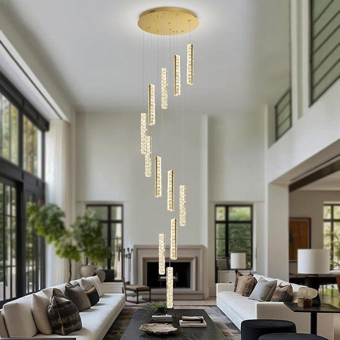 IDEQU Modern LED 120inch Long Spiral Staircase Crystal Chandelier High Ceiling Chandelier Lighting for Foyer Hallway 12-Light Gold Dimmable 2700K-6000K