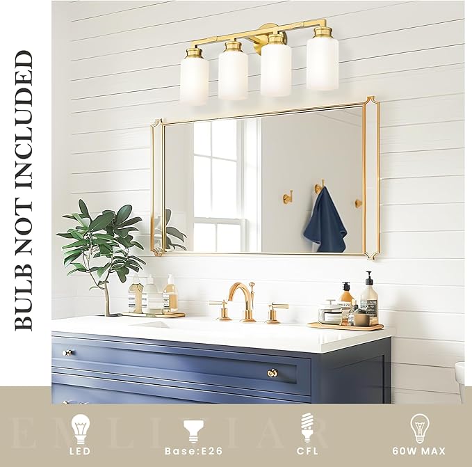 Emliviar 4-Light Gold Bathroom Light Fixtures, Modern Vanity Light with Milk White Glass, Brushed Brass Wall Sconce Over Mirror, YCE253B-4W BG
