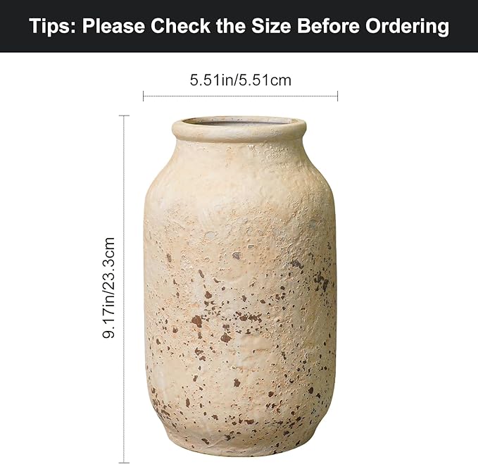 Farmhouse Rustic Vase, 9 Inch White Ceramic Vase for Home Decor Living Room Shelf Office Entryway Table Decor