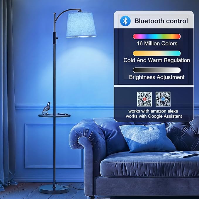 AIDENOEY Smart Floor Lamp with Side Table | Stepless Dimming, RGB Multi-Color | Adjustable Swivel Head | Voice Control with Alexa & Google Assistant |Brown Lamp for Living Room,Bedroom,Home Office