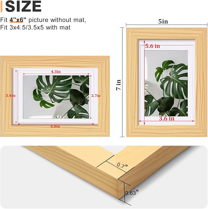Egofine 4x6 Picture Frames Natural Wood Frames with Plexiglass, Display Pictures 3.5x5 with Mat or 4x6 Without Mat Set of 4 for Tabletop and Wall Mounting