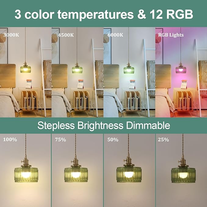 Battery Operated Pendant Light 5000mAh Rechargeable Chandelier with Remote Control Wireless Adjustable Hanging Green Striped Light for Kitchen Island Dining Room Hallway, 2 Pack