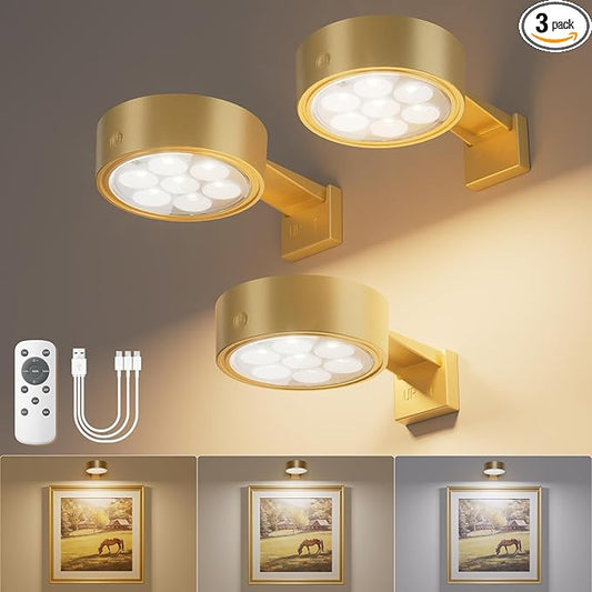 VOLISUN Picture Lights for Wall, 4000mAh Rechargeable Picture Light Battery Operated, 3 Color Temperatures Cordless Picture Light with Remote, Art Light for Painting, Gallery, Portrait, 3 Pack (Gold)