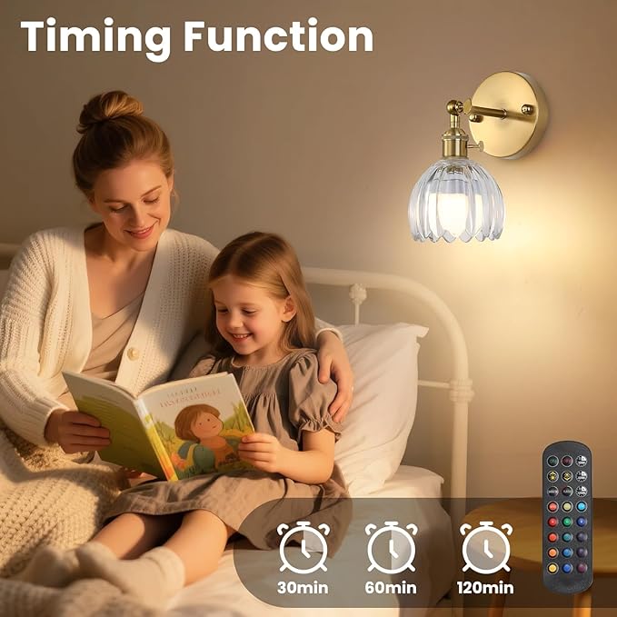 Battery Operated Wall Sconce Set of 2 with Translucent Floral Glass Shade Vintage Wireless Wall Light with Remote Control for, Living Room, Bedroom, Dressing Table Timer/Memory Function/Dimmer