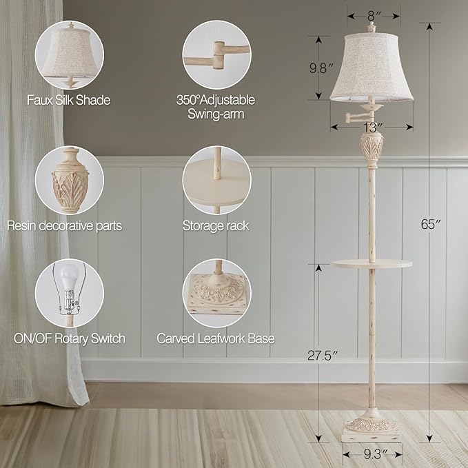 Traditional LED Floor Lamp with 350° Adjustable Swing Arm Lamp – Vintage Standing Pole lamp for Living Room, Bedroom and Office – Rustic Upright Floor Light for Home Décor with Silk Fabric Shade