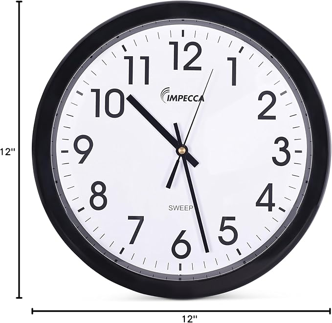 Impecca WCW12M1 12'' Non Ticking Sweep Movement Wall Clock, Black