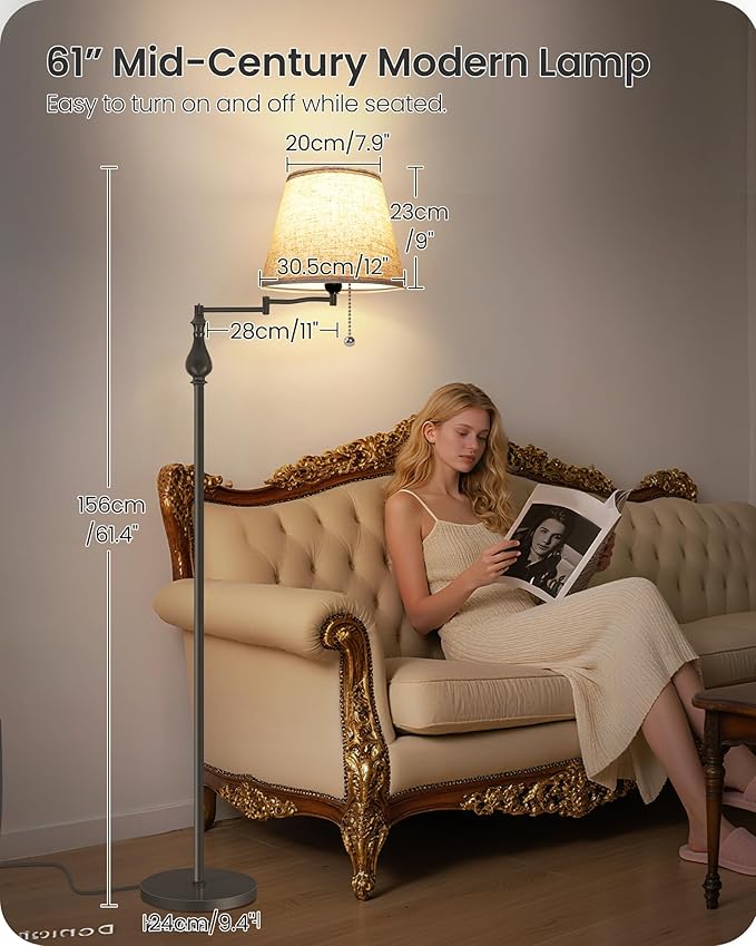 Vintage Floor Lamp with 350°Adjustable Swing Arm, 61” Mid-Century Modern Floor Lamp, Standing Pole Lamp with Pull Chain Switch, Antique Reading Lamp for Living Room, Bedroom, Office, Brown CE13LD05