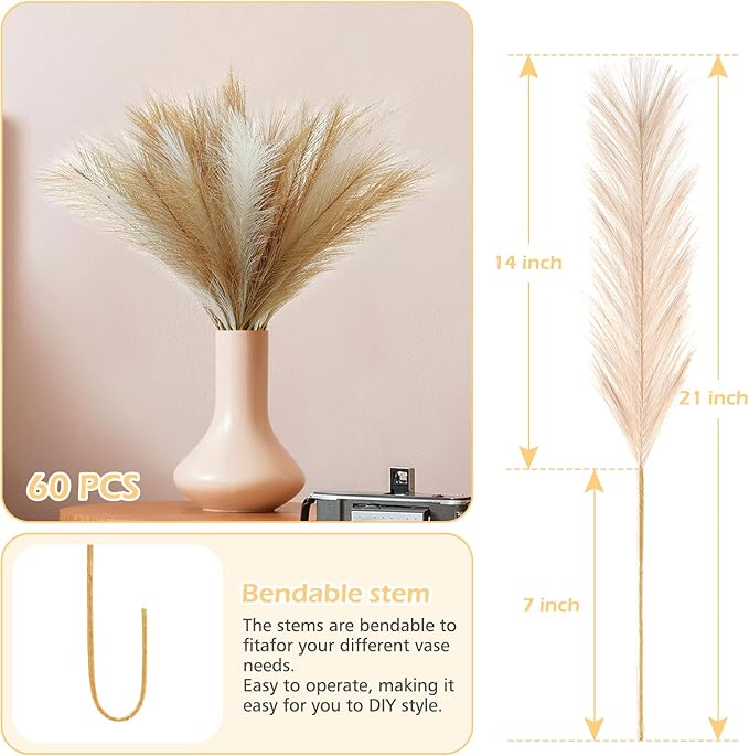 60 Pcs Pampas Grass Decor 21.7" Fluffy Faux Short Brown White Pampas Grass Artificial Small Pompas Grass Flower Vase Filler for Home Wedding Decoration