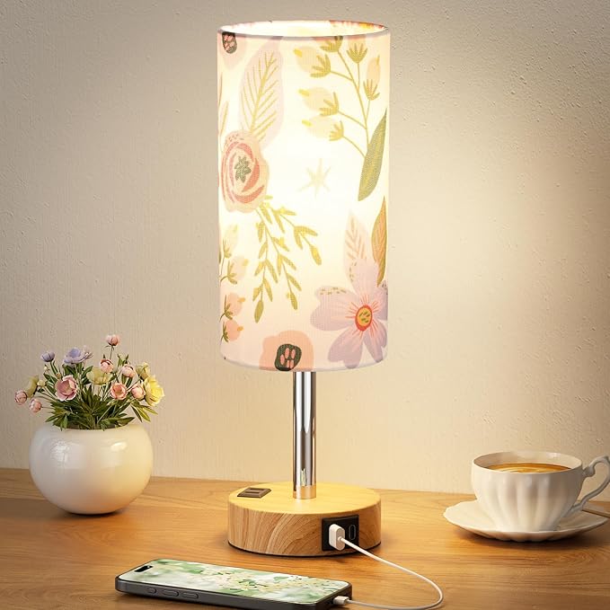 Floral Touch Lamp for Bedroom- 3 Way Dimmable Bedside Lamp USB C A Charging Ports and AC Outlet, Small Table Lamp Floral Linen Lampshade for Gift, LED Bulb Included