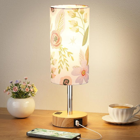 Floral Touch Lamp for Bedroom- 3 Way Dimmable Bedside Lamp USB C A Charging Ports and AC Outlet, Small Table Lamp Floral Linen Lampshade for Gift, LED Bulb Included
