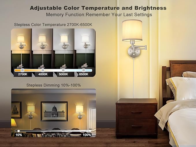 Plug in Wall Sconces with Remote Control, Dimming & Adjustable Colors 2700K-6500K, Hardwire or Plug-in, Swing Arm Wall Lamp with White Fabric Shade, Wall Sconces Set of Two, Brushed Nickel Finish