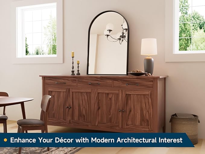 TETOTE Black Arched Mirror for Bathroom, 30 x 33 Matte Black Metal Framed Arch Mirror, Tempered Glass Wall Mounted Decorative Mirror for Eclectic Home Decor