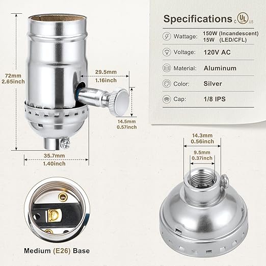DiCUNO UL Listed Full Range Dimmer Lamp Socket Replacement, Vintage E26 Light Bulb Socket, Rotating Dimmer Switch Knob for Table, Floor Lamp, DIY Project, Silver, 150 Watt, 2-Pack