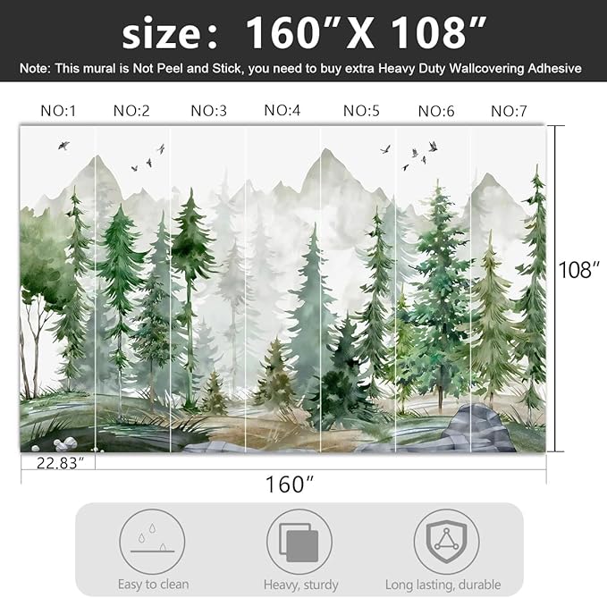 -Green Cartoon Pine Forest Nursery Fabric Wallpaper for Boys and Girls Children's Bedroom Living Room Woodland Plants Large Wall Mural- 160"x108"（ not Peel and Stick）