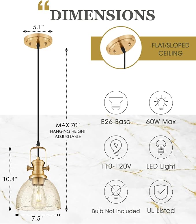 2-Pack Pendant Lights Kitchen Island, 7.5" Farmhouse Pendant Lighting with Amber Seeded Glass Shade, Hanging Light Fixtures for Dining Room, Brushed Gold, AD-22151-1P2-GD-OR
