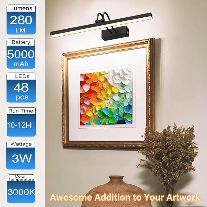 FUNCHDAY Picture Light, Wireless Rechargeable Gallery Light with Remote, 280LM Dimmable Painting Art Lighting Battery Operated, 16" Metal Picture Lights for Wall Art,Paintings,Mirror (Black)