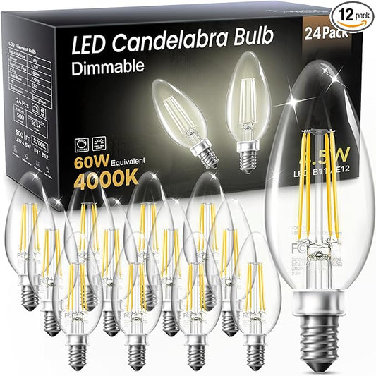 TJOY LED Candelabra Bulbs Dimmable, 60W Equivalent Chandelier Light Bulb, E12 Small Base, 4.5W 4000K Natural Daylight White, B11 Vintage Filament Glass Candle Light for Ceiling Fan Chandeliers, 12Pack