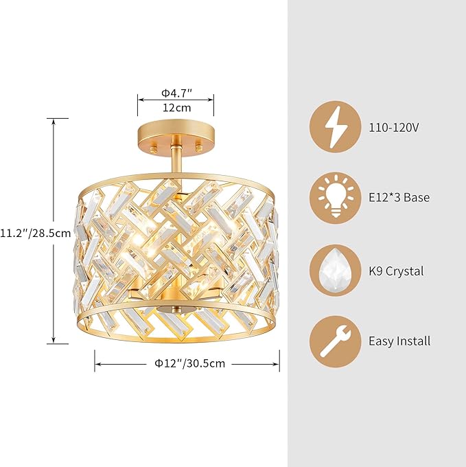 Shrine Lighting Crystal Ceiling Light, Gold Crystal Chandelier for Living Room, D12'' x H11.2'', E12*3 Sockets, Ctystal Lampshade & Gold Finish Frame