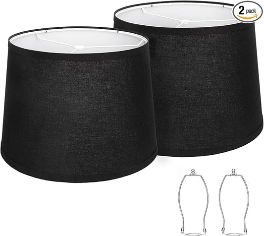 Lampshades Set of 2, Black Fabric Lamp Shades 11.6" Top x 12.6" Bottom x 9.8" High Drum Lampshades for Table Lamps, Floor Lamps, Pendant Light, E26 Base Harp Holders Included