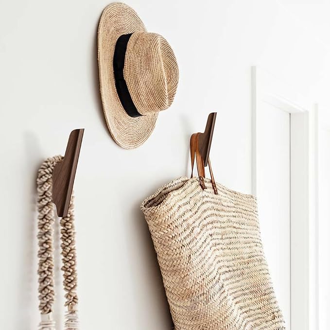 Wooden Wall Hooks 4 Pack Coat Hooks Mounted Walnut Wooden Hooks for Wall Hanging Hat, Towel, Bag, Backpack, Decorative Wood Heavy Duty Hook for Entryway and Bathroom (Walnut, Dark)