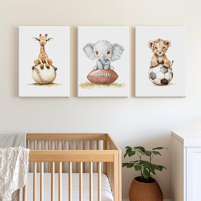 Sports Nursery Wall Art Baby Boys Room Canvas Pictures Safari Animal Wall Decor Jungle Nursery Prints Kids Poster Cute Painting Football Soccer Baseball Artwork for Bedroom 16x24x3 Inch Ready to Hang