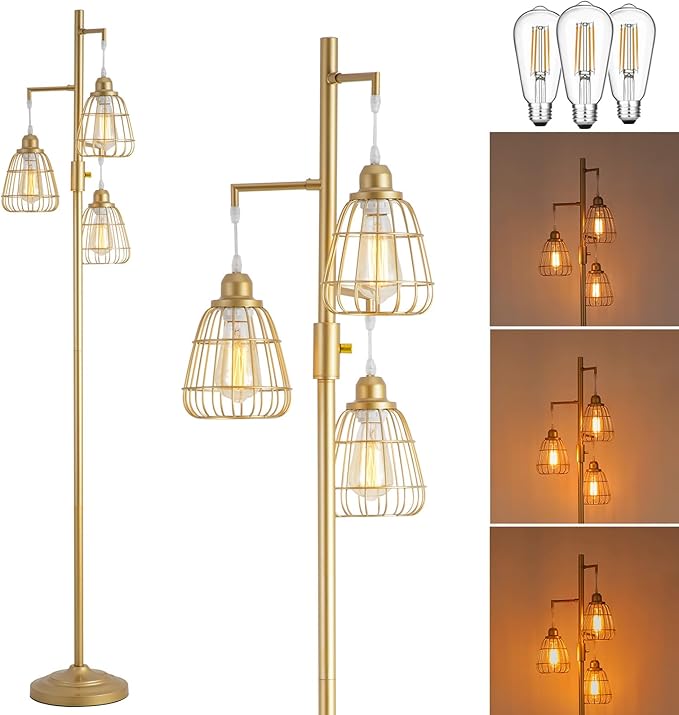 9MMML Gold Dimmable Floor Lamp,Industrial Farmhouse Tall Standing Floor Lamp for Living Room, Bedroom, Corner,Office,Gold 3 Teardrop Cage Lampshade,68”Height,3 LED Bulb Included