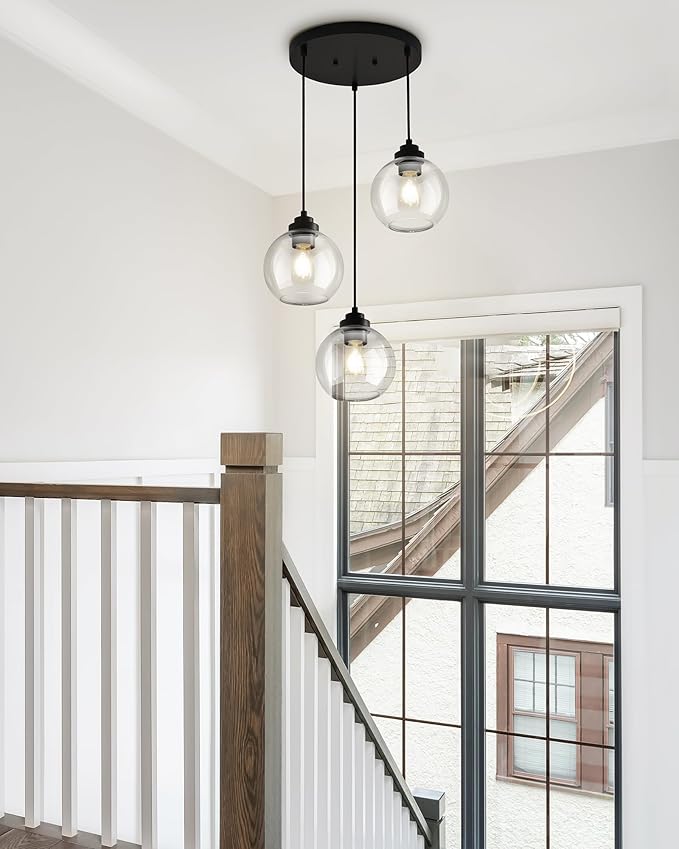 3-Light Black Pendant Light Fixture, Globe Cluster Hanging Light, Kitchen Island Lighting with Clear Glass for Dining Room Living Room Laundry Entrance Foyer, ZCPL101BK-3C