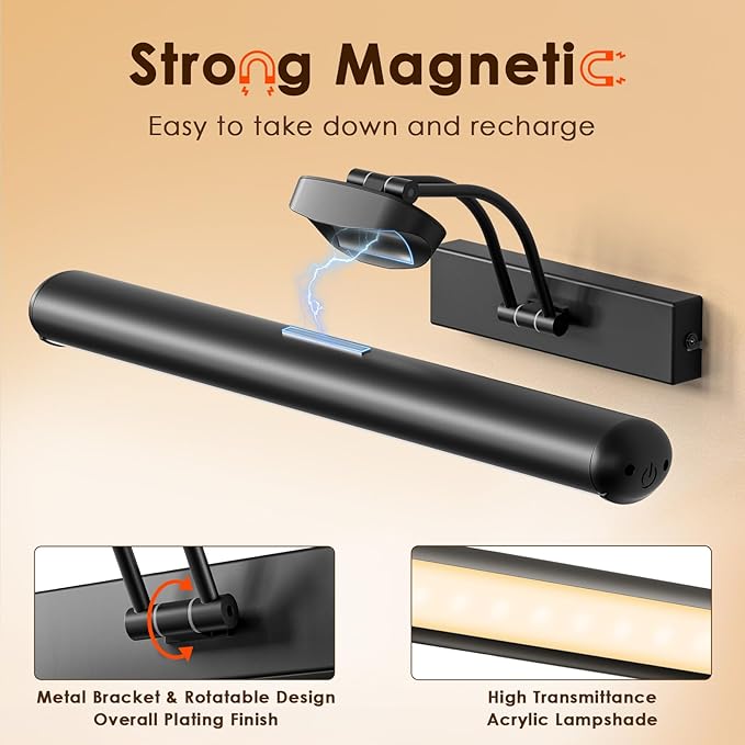 Picture Light for Wall with Remote, Wireless Battery Operated Wall Lights with 3 Colors Dimmable & Timer, 12.6" Rechargeable Metal Wall Sconce for Living Room, Artwork Gallery Display, Black 1Pack