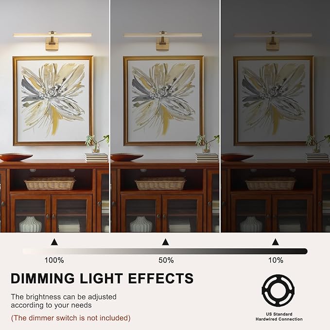 Hard-Wired Picture Lights 23.62 Inch Dimmable LED Wall Art Lighting 14W,2700K, Warm WhiteModern Brass Gallery Light Poster Lights Adjustable Swing Arm Picture Frame Light for Display Art Work