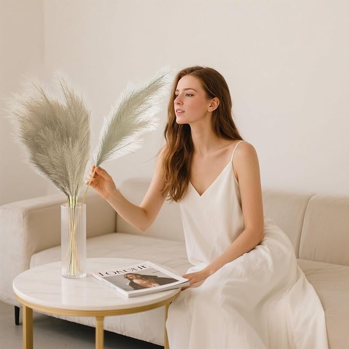 8 Pcs Deep Coffee Tall Faux Pampas Grass Decor, 45 Inches Artificial Pampas Grass Bulk, Large Faux Pompas Dried Decor for Floor Vase Filler, Home Boho, Wedding Anniversaries, Baby Shower Decoration