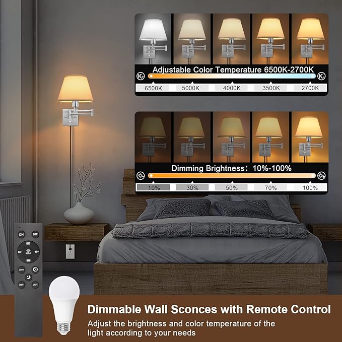 TRLIFE Wall Sconces Plug in, Remote Control Dimmable Wall Sconce and Adjustable Color Temperature 2700K-6500K, Swing Arm Wall Lights with Plug in Cord, 9.4" Medium White Fabric Shade(2 Pack, 2 Bulbs)