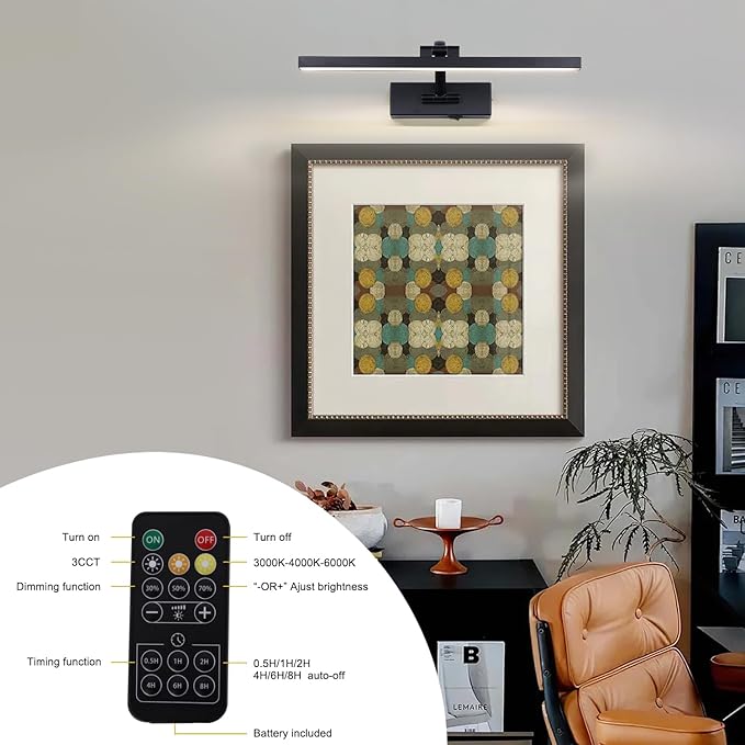 LED Wireless Picture Light with Remote Control,USB Rechargeable Battery Powered Art Lamps,Dimmable,270° Rotate,Timing,15.5 Inch Black Wall Lights for Paintings,Picture Frame,Gallery