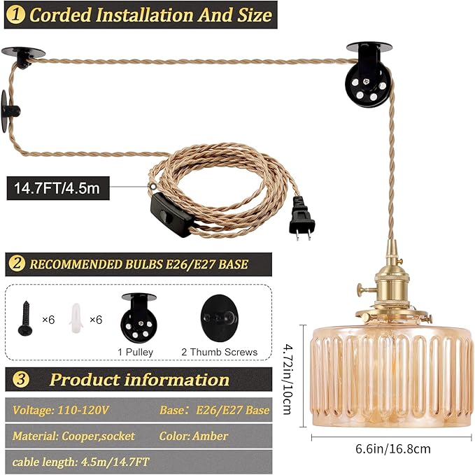 Plug in Pendant Light Hanging Light Fixture Corded On/Off Switch Brass Pendant Light with Amber Striped Glass Lampshade for Bedroom Living Room Kitchen Island