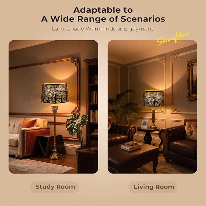 Large Oval Etched Metal Lampshade with Forest Pattern, (14×8.5)" Top x (16×10.5)" Bottom x 9.5" High, lron Cover Lamp Shade for Table Lamps, Floor Lamps Replacement (Antique Black and Gold)