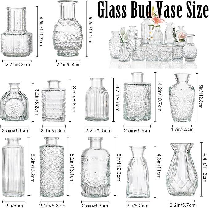 Glass Bud Vase Set of 12 Pcs, Small Glass Vases for Flowers, Vintage Vases for Centerpieces, Small Flower Design for Centerpieces Wedding Decorations Home Flower Party Decor