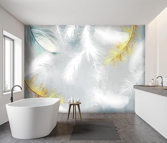 -Gold Modern Feather Fabric Wallpaper Living Room Bedroom Bathroom Large Wall Mural- 137"x96"（ not Peel and Stick）