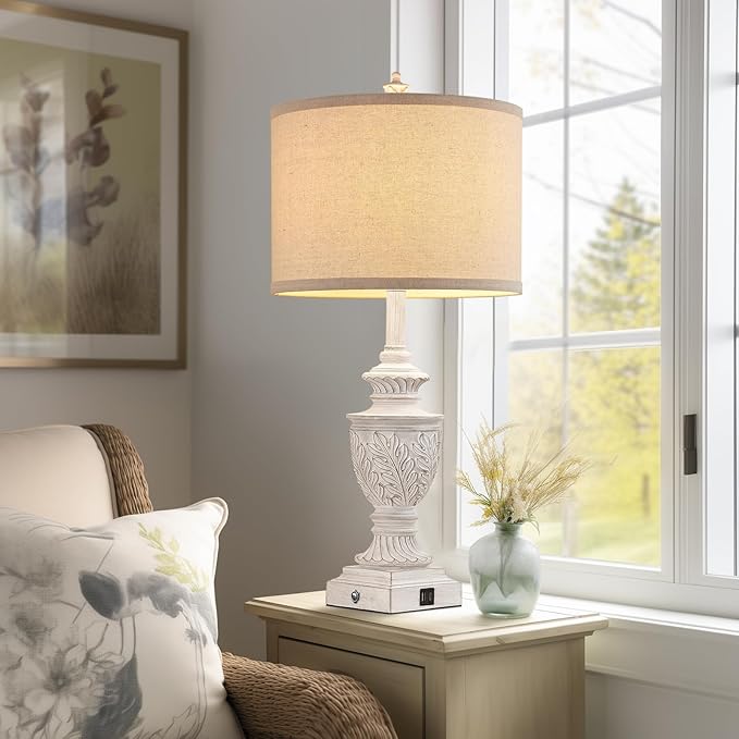 Farmhouse 3-Way Dimmable Touch Table Lamp Set of 2 for Bedroom Living Room with USB A+C Charging Ports 28" Tall Rustic Traditional Nightstand Bedside Lamps White End Table Lamp (2 Bulbs Included)