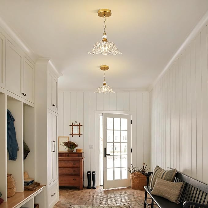 1 Piece Vintage Chandelier Light Fixtures with Crystal Glass Shade,Matte Antique Brass Finish Pendant Light,Hanging Light for Dining Room,Hallway,Living Room,Bedroom