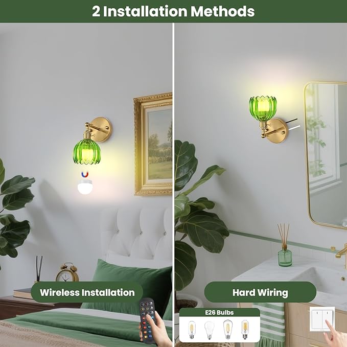 Battery Operated Wall Sconce Set of 2 with Green Floral Glass Shade Vintage Wireless Wall Light with Remote Control for, Living Room, Bedroom, Dressing Table and Bathroom Timer/Memory Function/Dimmer