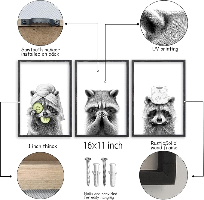 Adorable Raccoon Bathroom Wall Art Decor Set of 3 16x11 Inch Modern Funny Bathroom Sign Wood Framed Rustic Farmhouse Interestring Washroom Animal Prints Wall Hanging (Black)