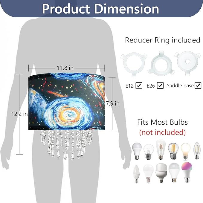 Star Vision Universe Themed Fabric Lampshade with Crystal Beaded Droplets, Space Planet Sun Light Shade for Pendant Table Wall & Floor Lamps, Space Lover Children Kid Bedroom Decor