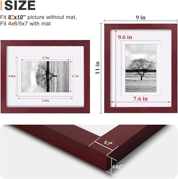 Egofine 8x10 Picture Frames 4 Pack - Wood Frames Covered by Plexiglass for Pictures 4x6 or 5x7 with Mat or 8x10 Without Mat, Photo Frames for Table Top and Wall Display, Cherry Red