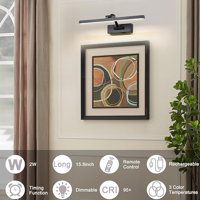 LED Wireless Picture Light with Remote Control,USB Rechargeable Battery Powered Art Lamps,Dimmable,270° Rotate,Timing,15.5 Inch Black Wall Lights for Paintings,Picture Frame,Gallery