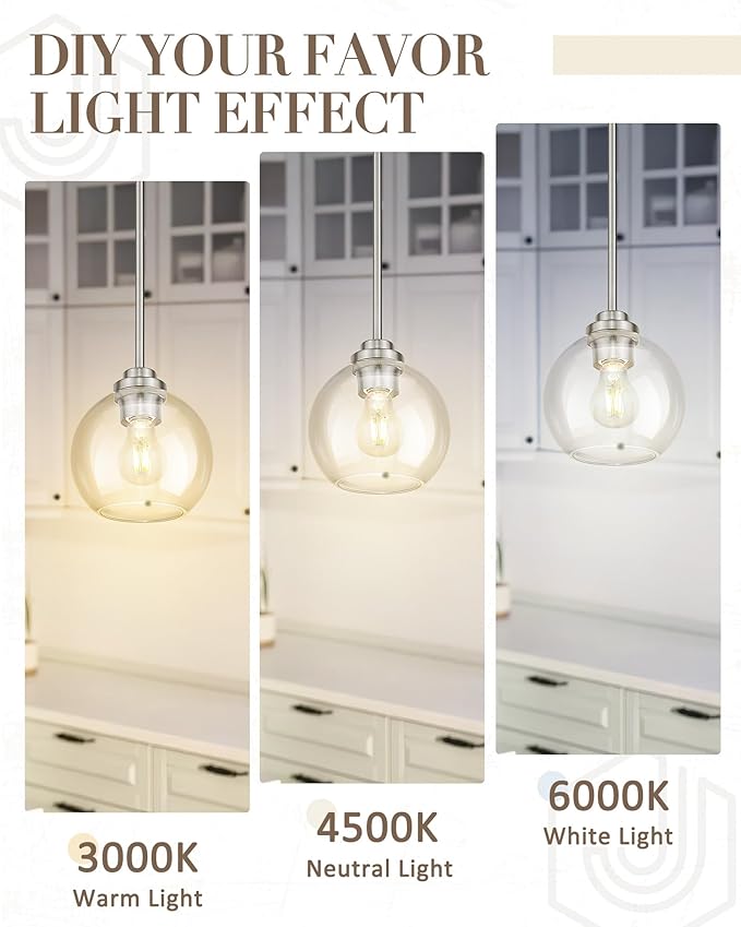 Globe Pendant Light Fixture, Modern Brushed Nickel Hanging Light with Clear Glass for Kitchen Island Dining Room Bedroom Hallway Foyer (1 Pack), PL101BN-2PK