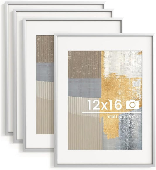 12x16 inch Metal Picture Frame - 12 x 16 Thin Aluminum Photo Frames with 9x12 Removable Mat - High Definition Plexiglass - Vertical and Horizontal Display - Wall Hook Hanging Hardware Included - Silver, Set of 4