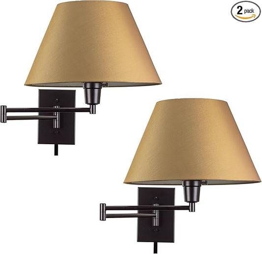 Kira Home Cambridge 15" Swing Arm Wall Lamp - Plug in/Wall Mount + Golden Bronze Fabric Shade, 150W 3-Way, Black Finish, 2-Pack