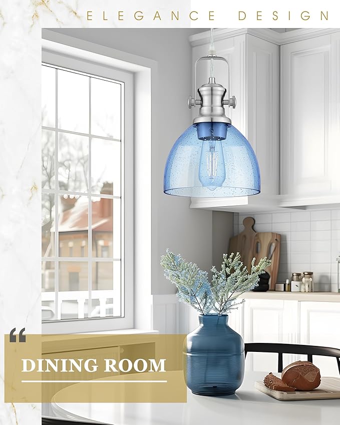 2 Pack Pendant Lights Kitchen Island, 7.5" Farmhouse Pendant Lighting with Blue Seeded Glass Shade, Vintage Hanging Light Fixtures for Dining Room, Brushed Nickel Finish, AD-22151-1P2-SN-BL