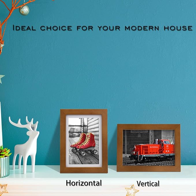 Egofine 5x7 Picture Frames 4 Pack Made of Solid Wood Covered by Plexiglass Matted for 4x6 or 3.5x5 for Table Top Display and Wall Mounting Photo Frame, Light Brown