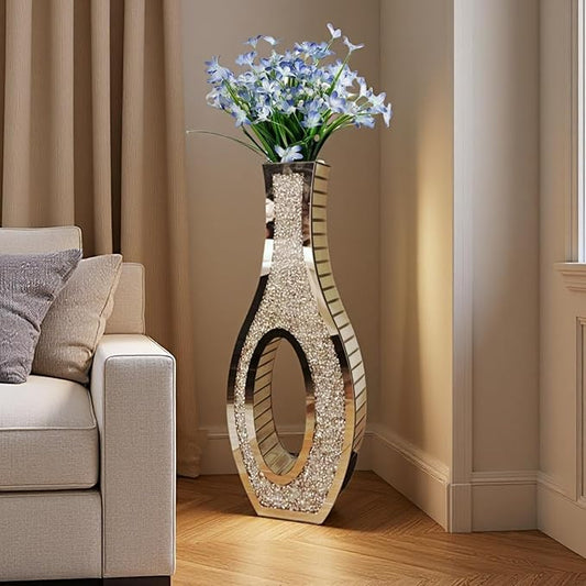 30" Tall Double Sided Crushed Diamond Floor Vases, Large Mirrored Sliver Crystal Vase for Living Room, Floor Vases Decorative Tall for Home,Office,Hotel(11.8" L x 4.8" W x 30" H)