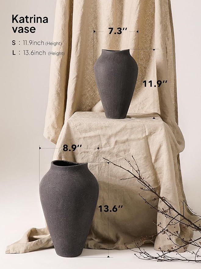 Black Ceramic Vase - Large 11.8 Inch Tall Floor Vase for Centerpieces, Farmhouse Rustic Minimalist Home Decor for Living Room, Enterway, Wedding (Sandstone Black)